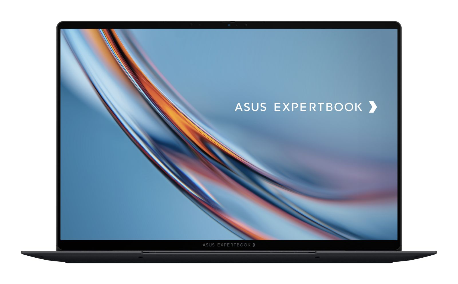 Ein ASUS ExpertBook Laptop mit blauer abstrakter Tapete auf dem Bildschirm und dem Firmenlogo darunter.