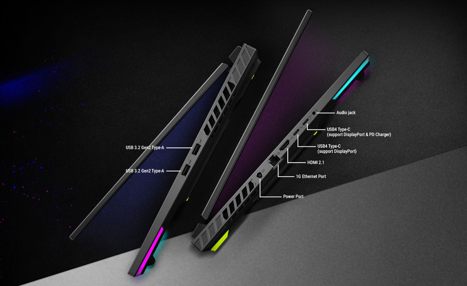 Seitenansicht eines Laptops mit Beschriftungen für verschiedene Anschlüsse wie USB, HDMI und Ethernet.