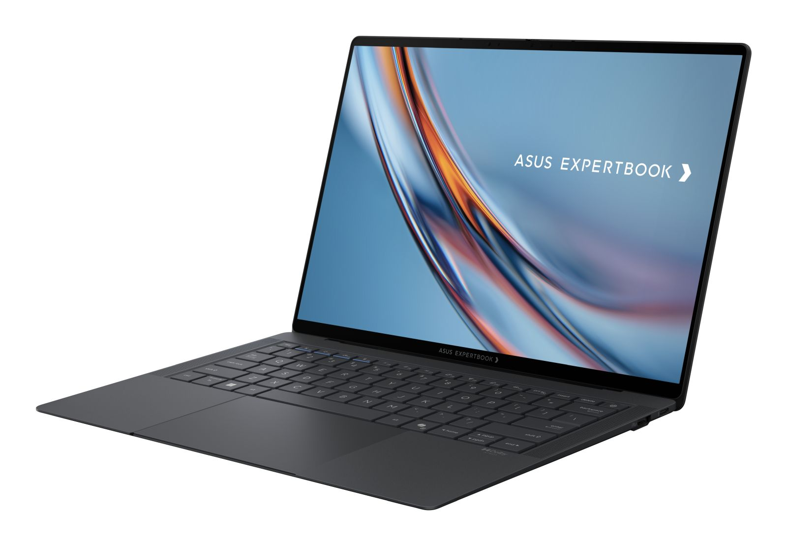 Ein schwarzer ASUS ExpertBook Laptop steht auf weißem Hintergrund mit einem abstrakten blauen und orangefarbenen Hintergrundbild.