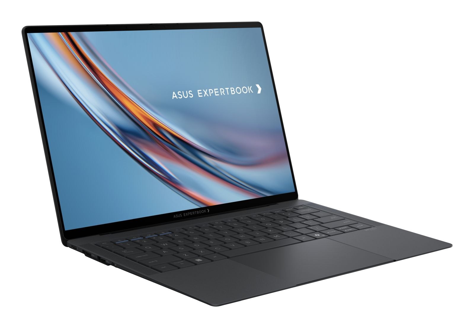 Ein ASUS ExpertBook Laptop ist schräg abgebildet und zeigt ein abstraktes, farbenfrohes Hintergrundbild auf weißem Grund.