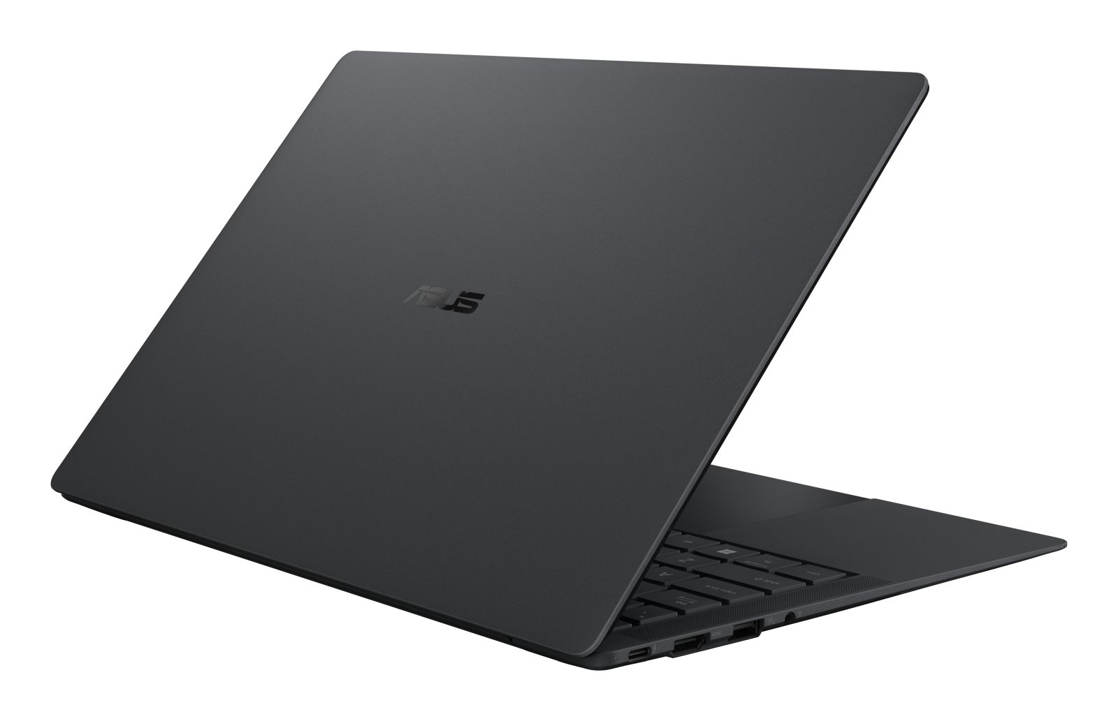 Ein schlanker, grauer ASUS Laptop auf weißem Hintergrund, seitlich geöffnet mit sichtbarem Logo.