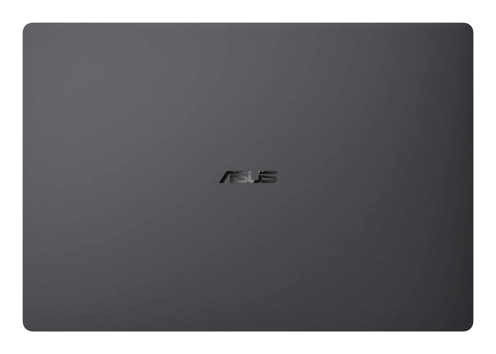 Ein geschlossener grauer Asus-Laptop von oben mit zentriertem Markenlogo auf einfarbigem Hintergrund.