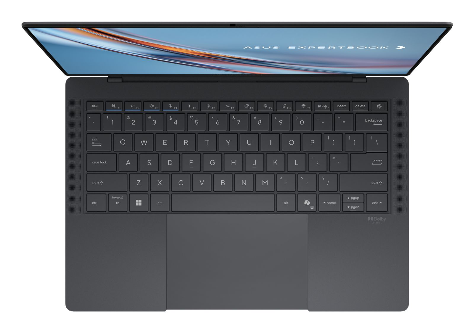 Draufsicht eines offenen ASUS ExpertBook Laptops mit schwarzer Tastatur und blauem Bildschirm auf weißem Grund.