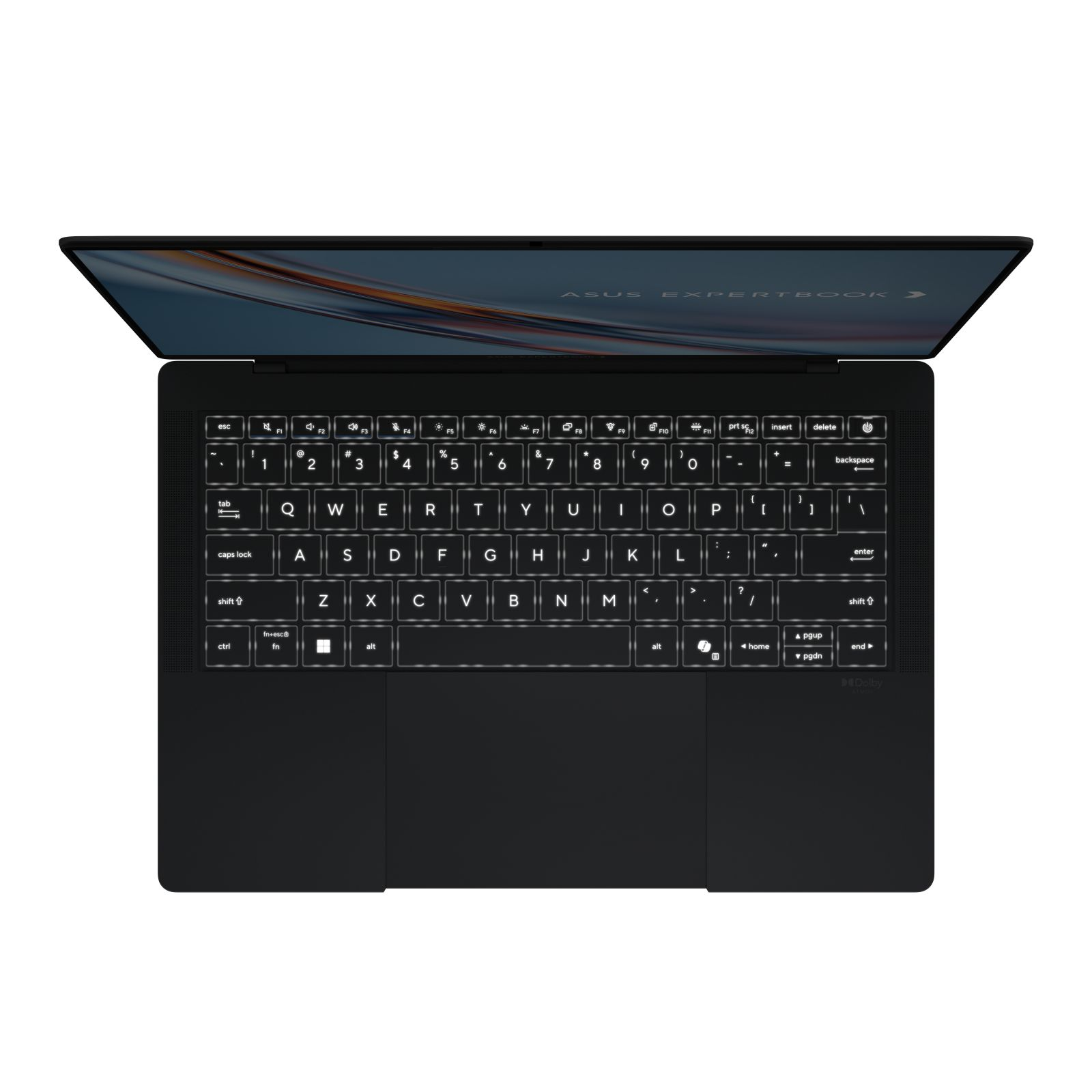 Draufsicht auf einen schwarzen Laptop mit beleuchteter Tastatur und integriertem Touchpad.
