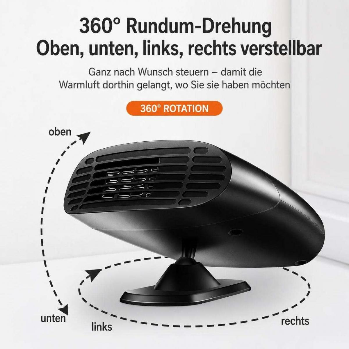 Ein schwarzer, um 360 Grad drehbarer Heizlüfter mit verstellbaren Lamellen und Text auf Deutsch.