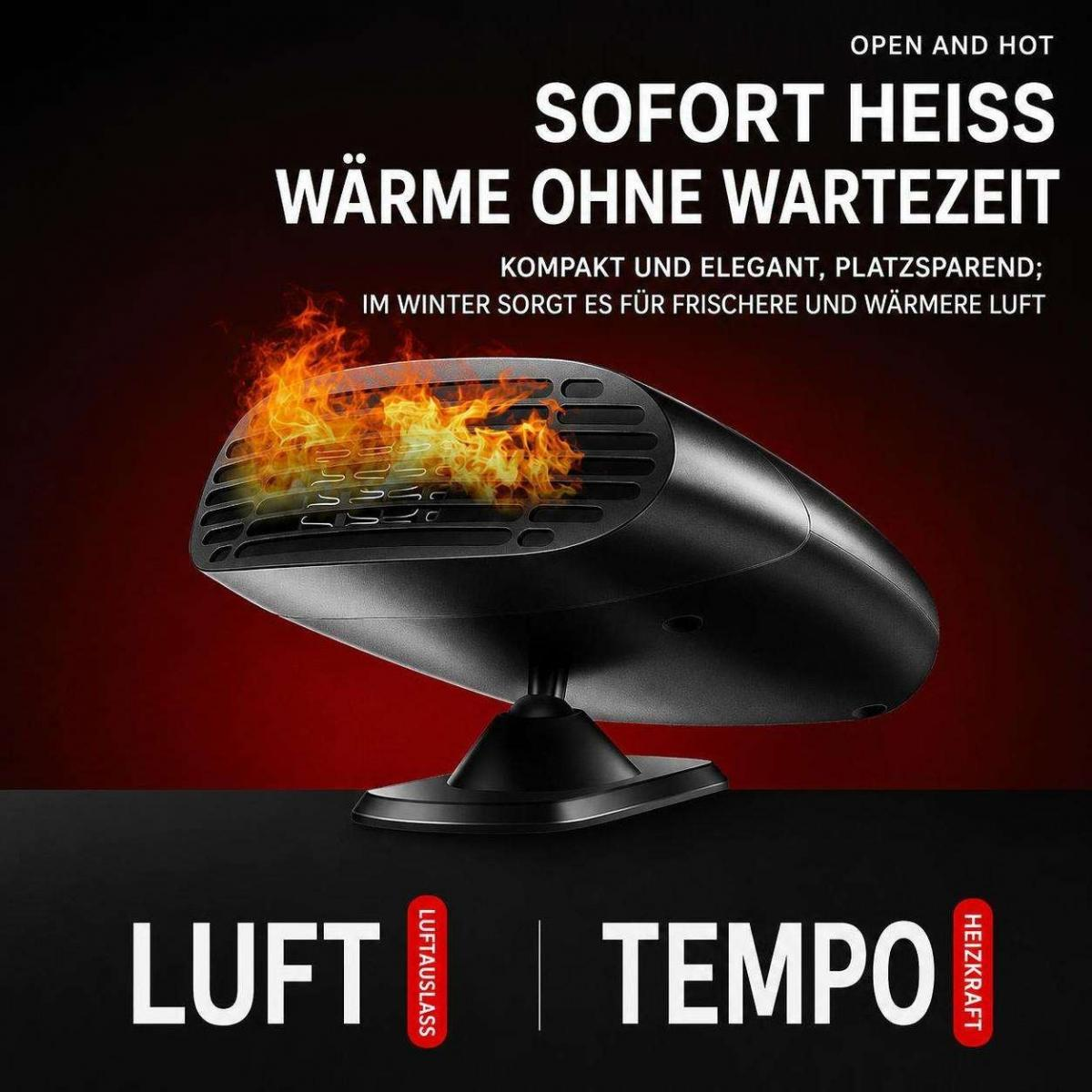 Ein schwarzer, moderner Heizlüfter auf einem Ständer mit Flammen-Effekt und Textwerbung auf dunklem Hintergrund.