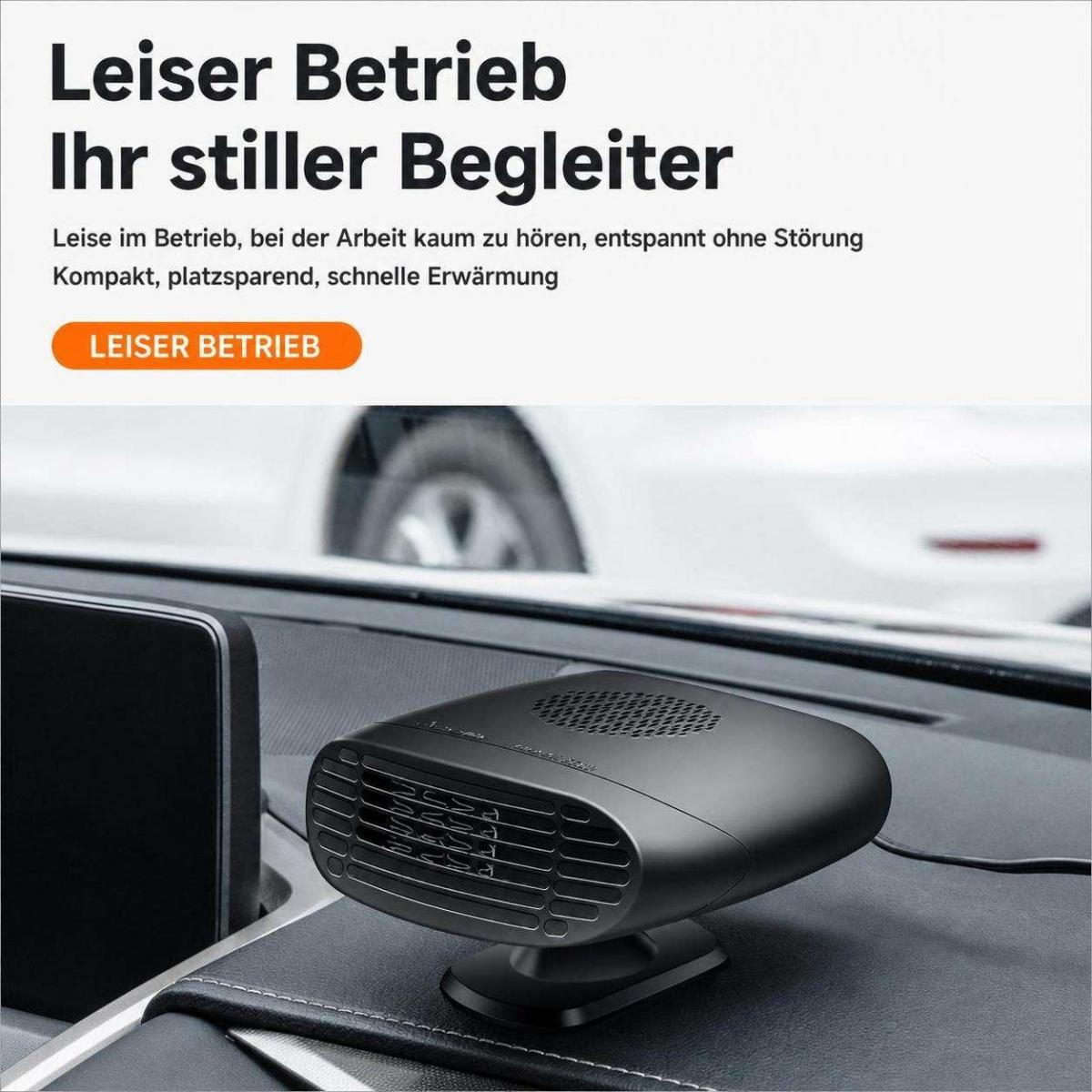 Ein schwarzer, kompakter Autoheizlüfter auf dem Armaturenbrett mit deutschem Werbetext.