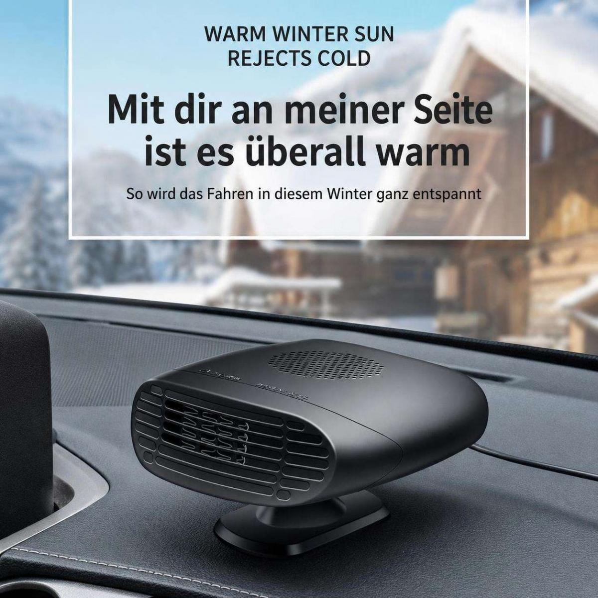 Ein schwarzer Autoluftheizer auf dem Armaturenbrett mit winterlichem Hintergrund und Text.