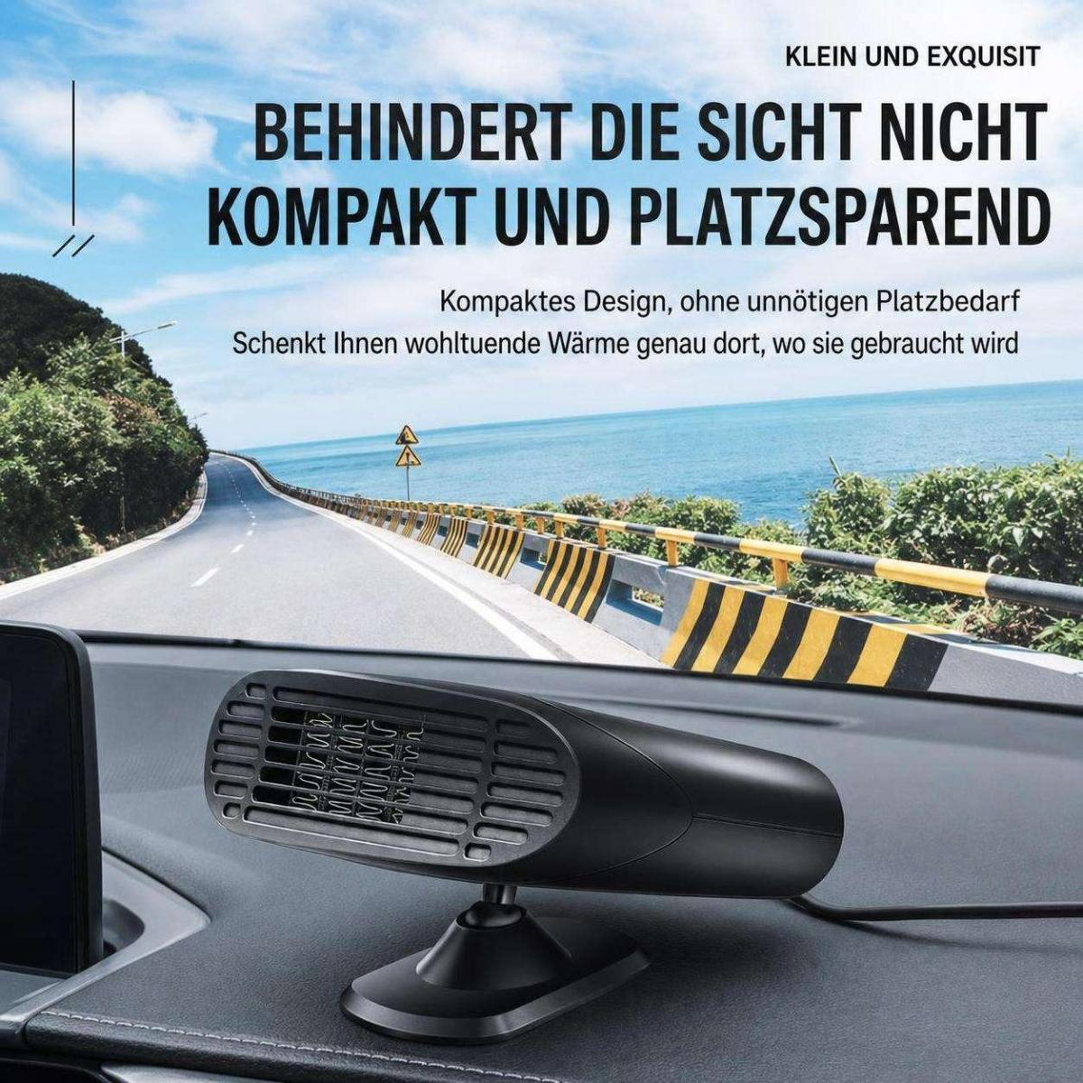 Ein kompakter schwarzer Heizlüfter auf dem Armaturenbrett eines Autos, im Hintergrund eine Küstenstraße mit Meer.