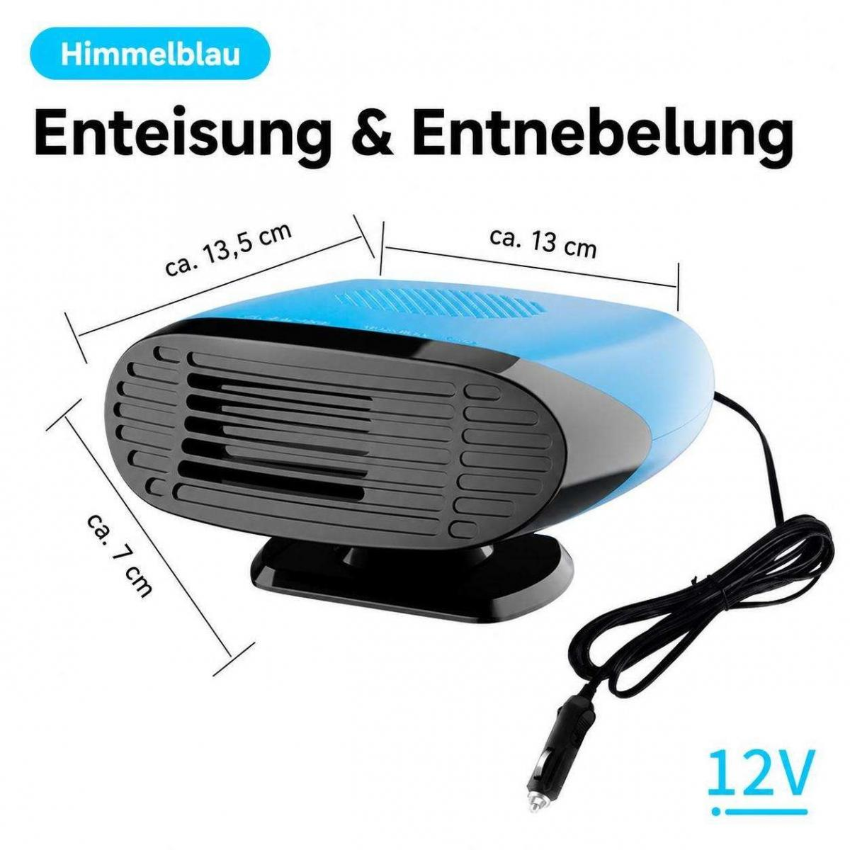 Blauer Auto-Heizlüfter mit 12V-Stecker und Maßangaben auf weißem Hintergrund.