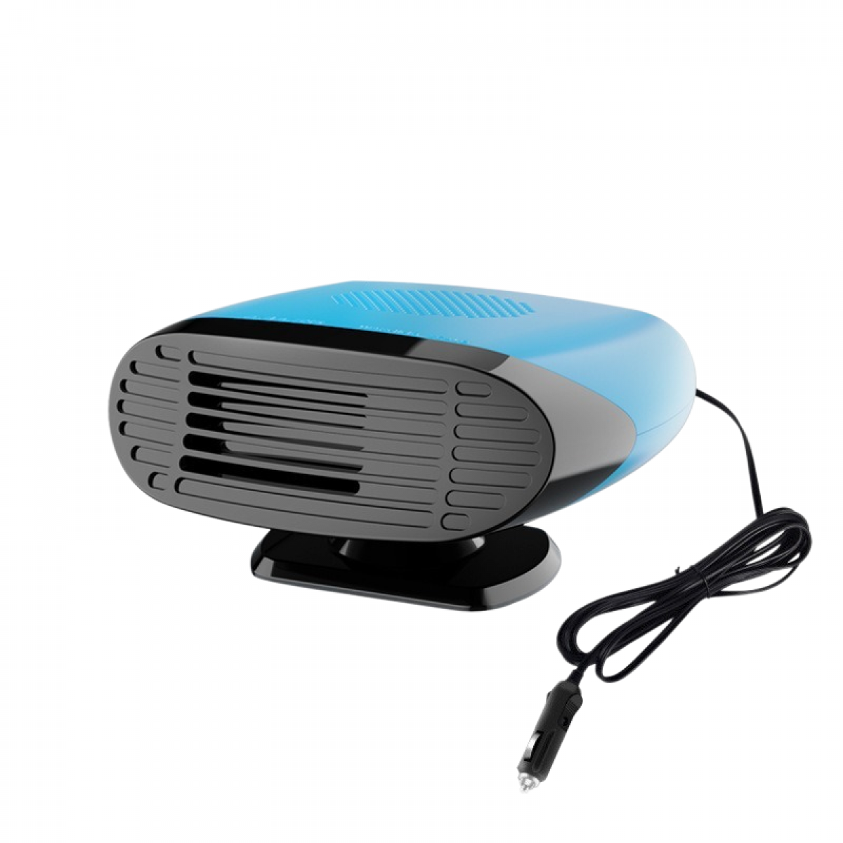 Ein blau-schwarzer Autowärmer mit Netzkabel und 12V-Stecker vor weißem Hintergrund.