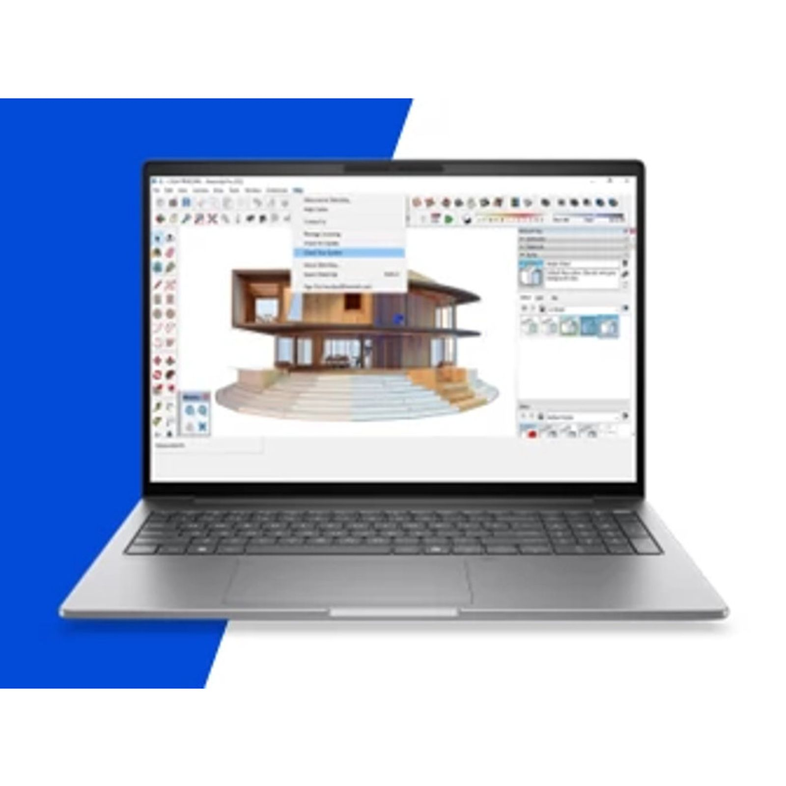 Ein offener Laptop zeigt CAD-Software mit einem 3D-Modell eines modernen runden Holzhauses.