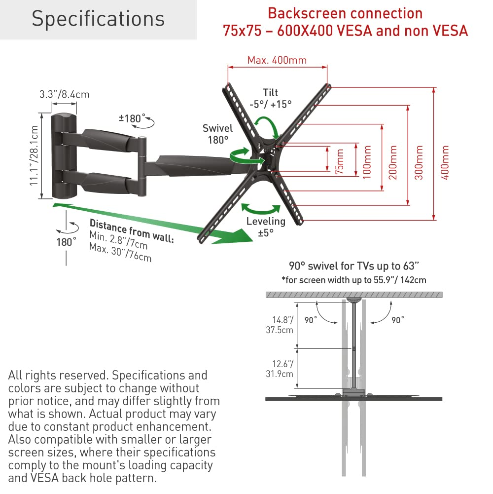 Disegno tecnico di un supporto TV a parete con dimensioni VESA e angoli.