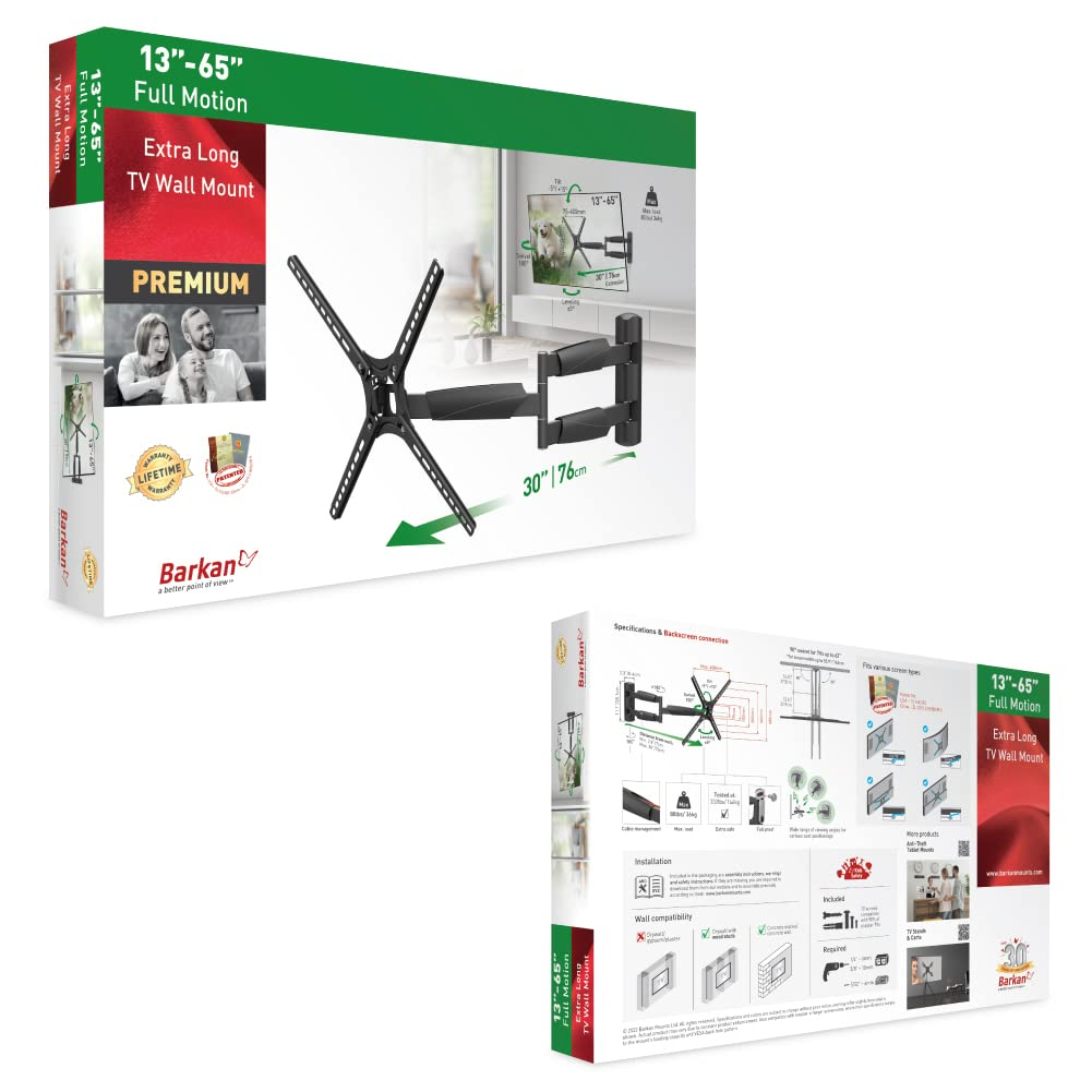Confezione di un supporto a parete per TV Barkan Extra Lungo per schermi da 13 a 65 pollici, con dettagli del prodotto.
