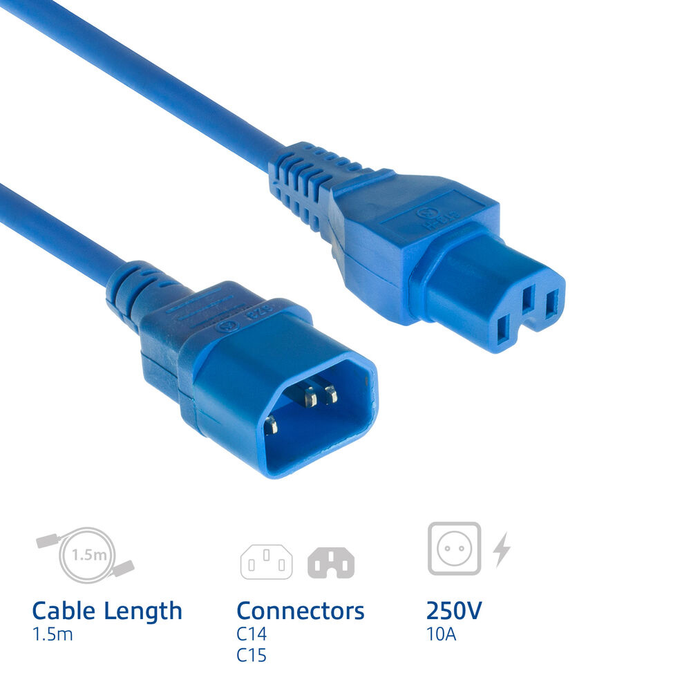 Blaues Netzkabel mit C14- und C15-Steckern auf weißem Hintergrund mit technischen Details.