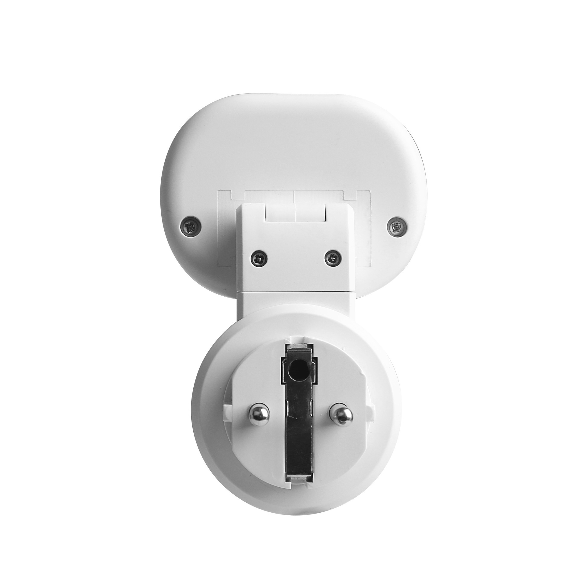 Ein weißer, faltbarer Stromadapter mit Schuko-Stecker und mehreren kleinen Schrauben auf einem weißen Hintergrund.