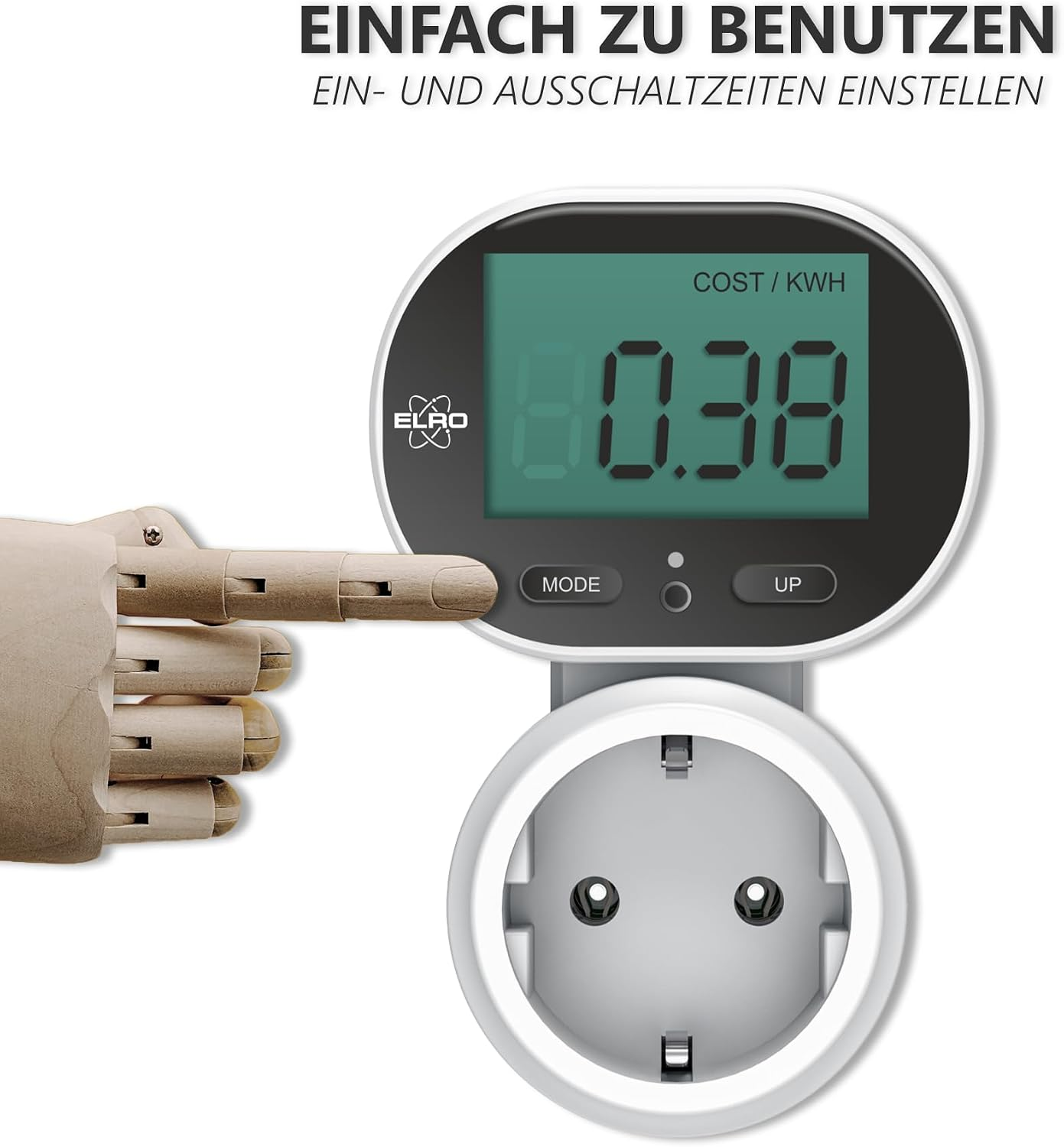Stromzähler mit Steckdose, digitalem Display und einer Holshand, die auf die Modustaste zeigt.