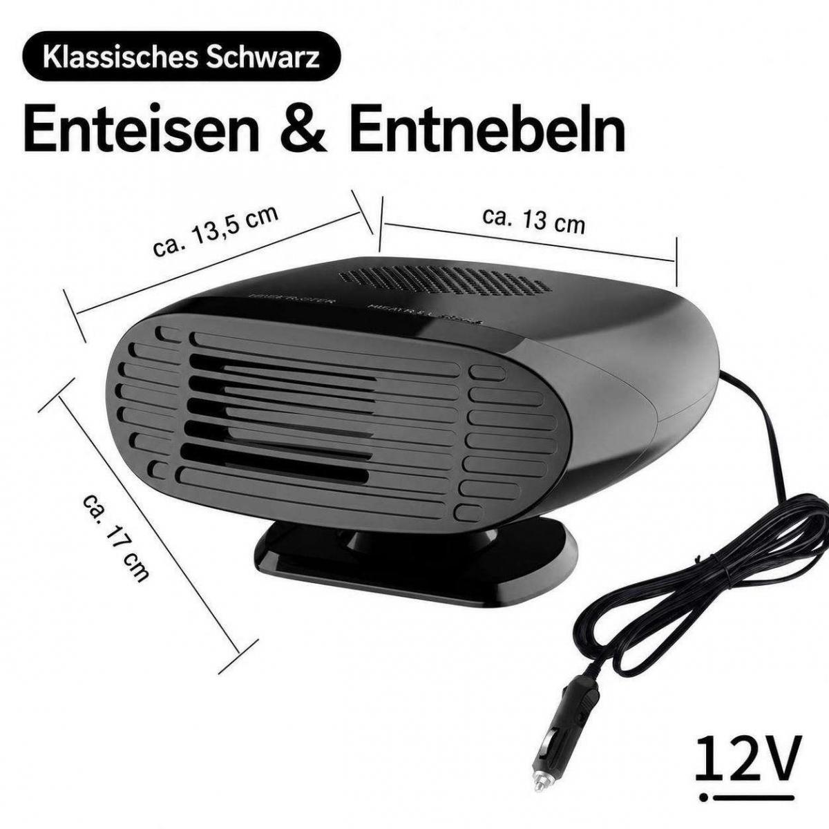 Ein schwarzer 12V Auto-Heizlüfter mit Maßen, Stecker und Standfuß.