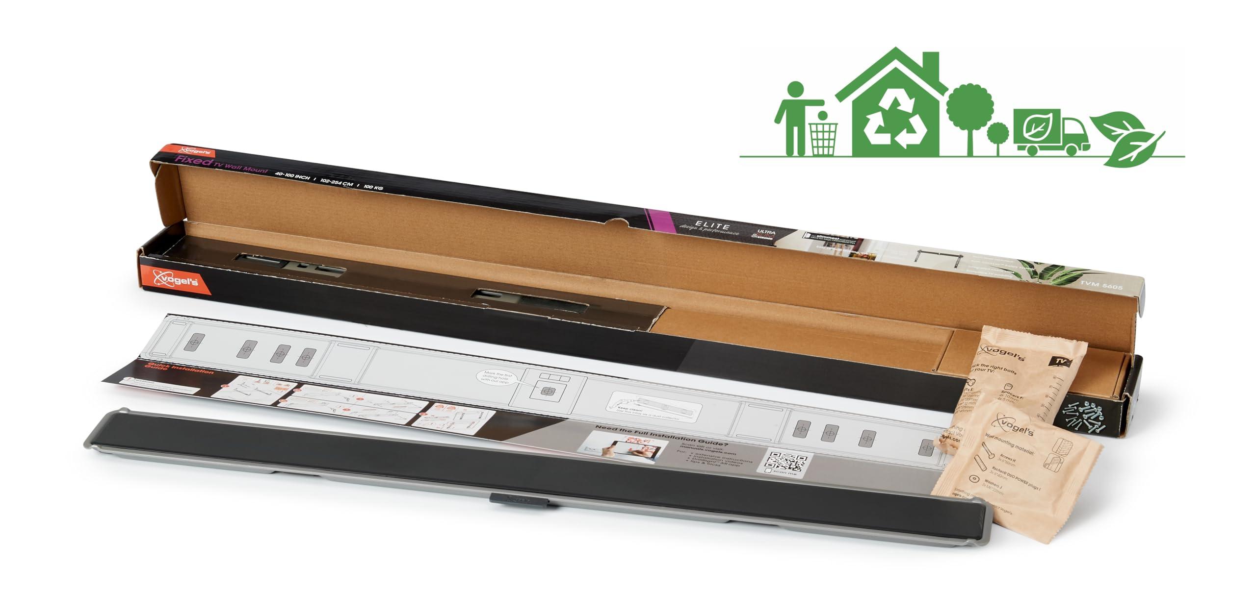 Staffa TV in confezione aperta con manuale, parti e icone ecologiche in alto.