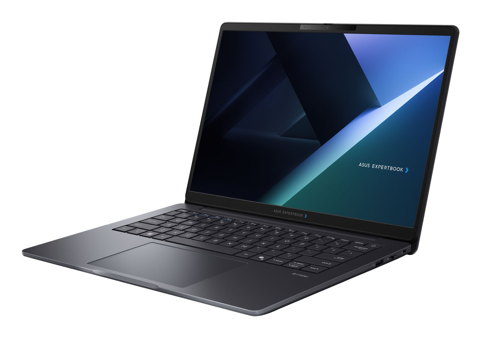 Ein grauer Asus ExpertBook Laptop steht offen auf einer weißen Oberfläche und zeigt einen blauen Bildschirm.