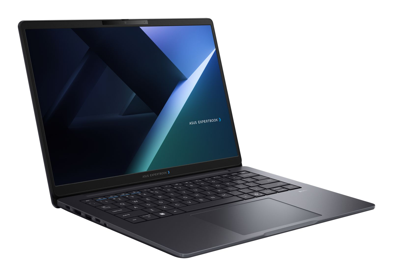 Ein offener, dunkelgrauer ASUS ExpertBook-Laptop auf weißem Hintergrund, leicht angewinkelt.