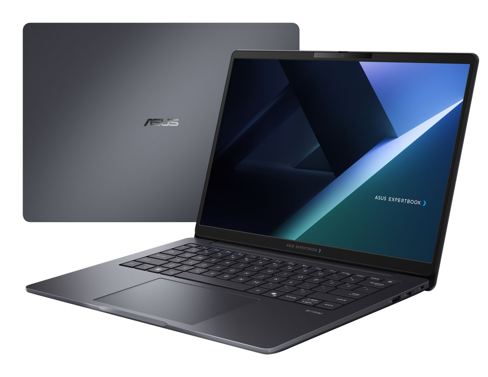 Ein offener dunkelgrauer Asus ExpertBook Laptop steht vor seinem geschlossenen Deckel.