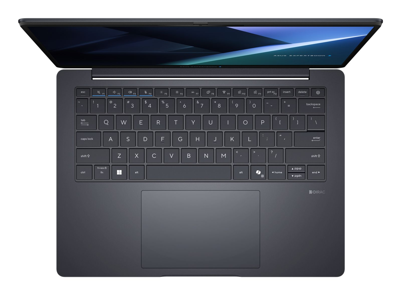 Draufsicht auf einen offenen dunkelgrauen Asus-Laptop mit beleuchteter Tastatur und blauem Bildschirm.