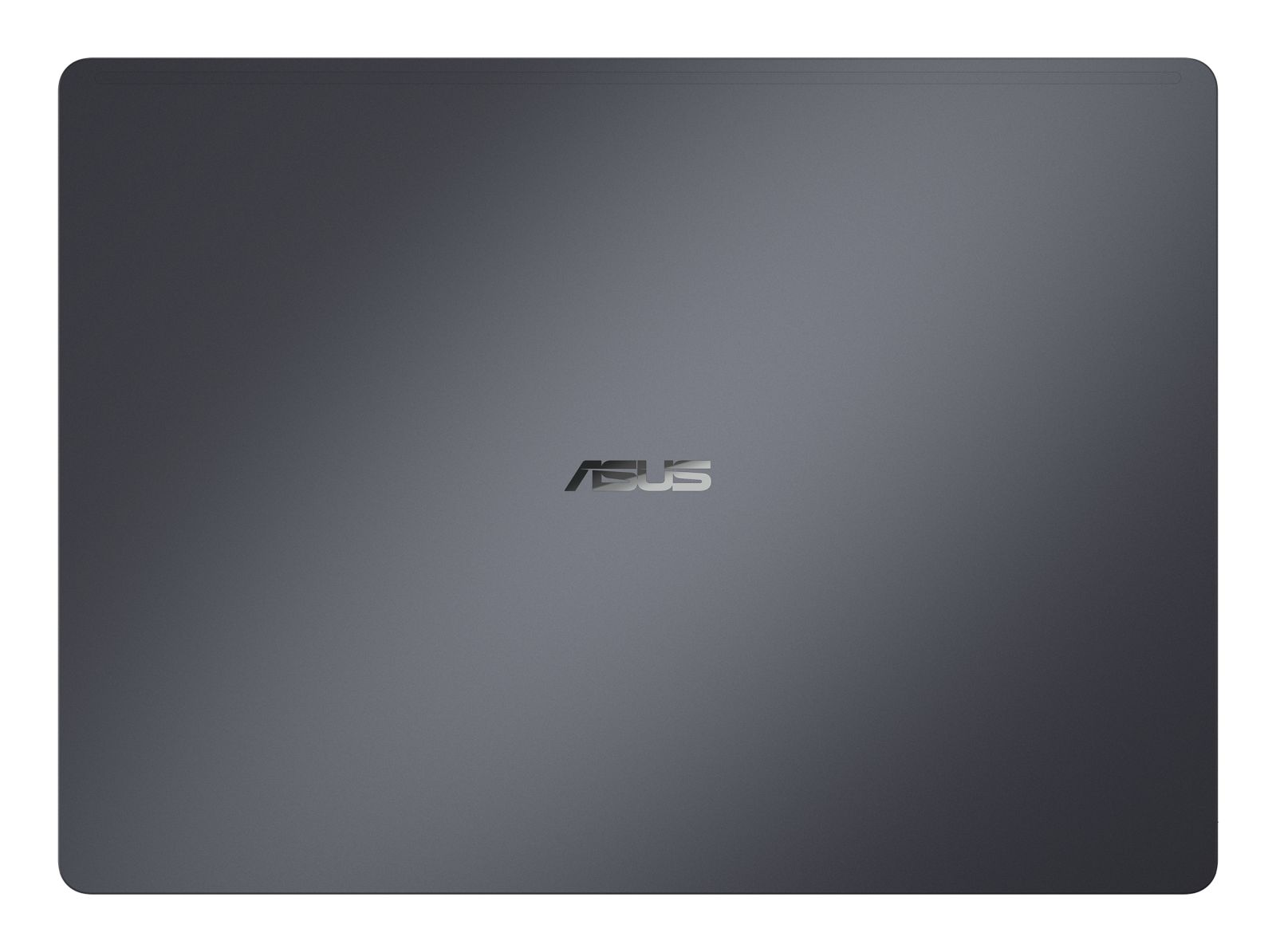 Ein geschlossener, dunkelgrauer Asus-Laptop von oben, mit metallischer Oberfläche und silbernem Logo.