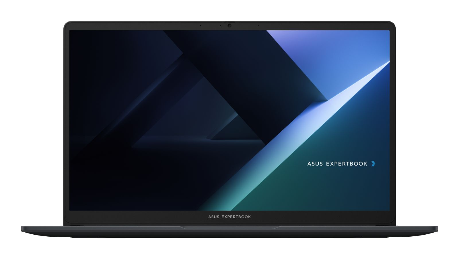 Ein ASUS ExpertBook Laptop mit einem modernen blauen Bildschirmhintergrund und dünnem Rahmen.