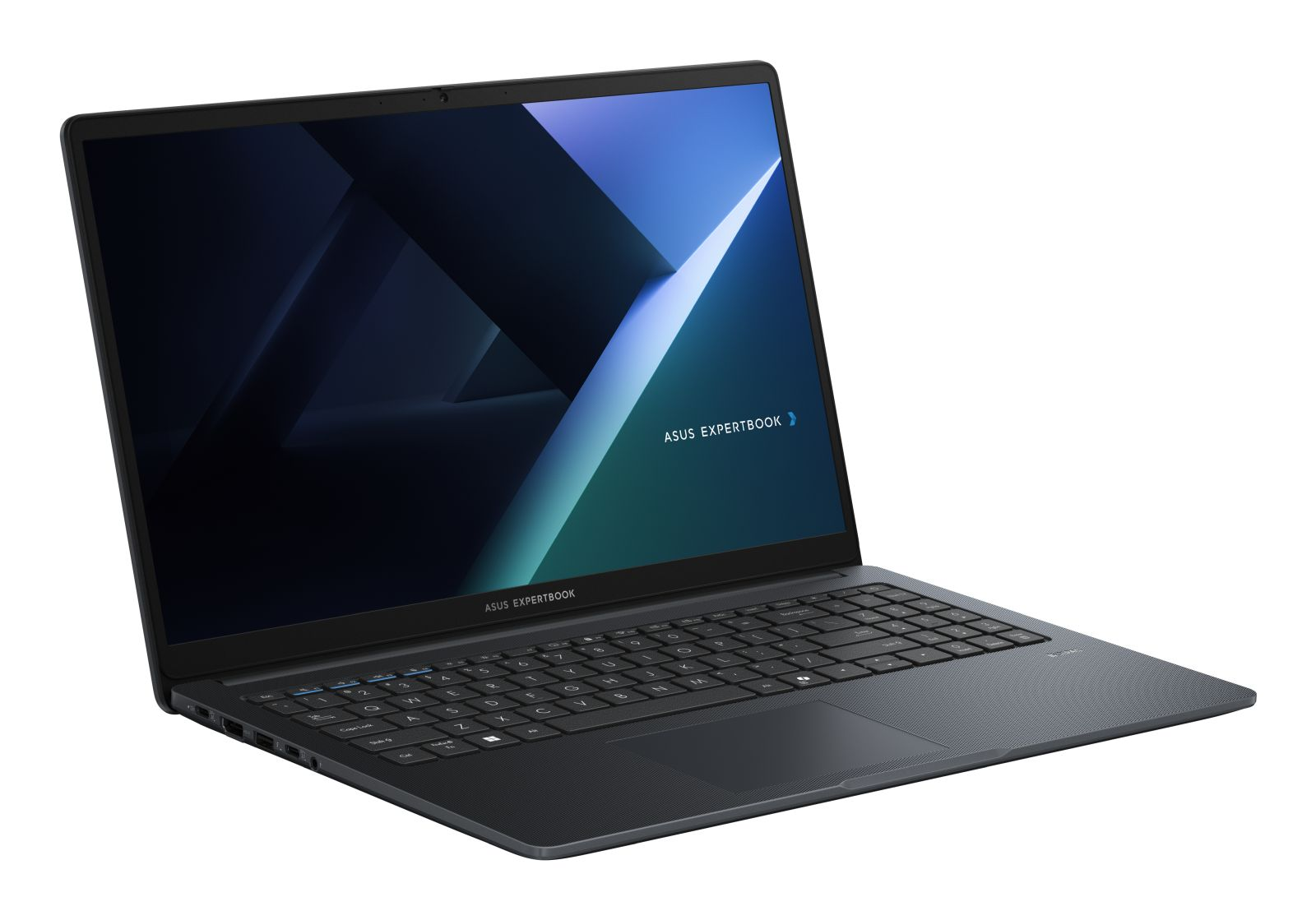 Ein schwarzer ASUS ExpertBook Laptop auf einer weissen Oberflaeche mit eingeschaltetem Display.