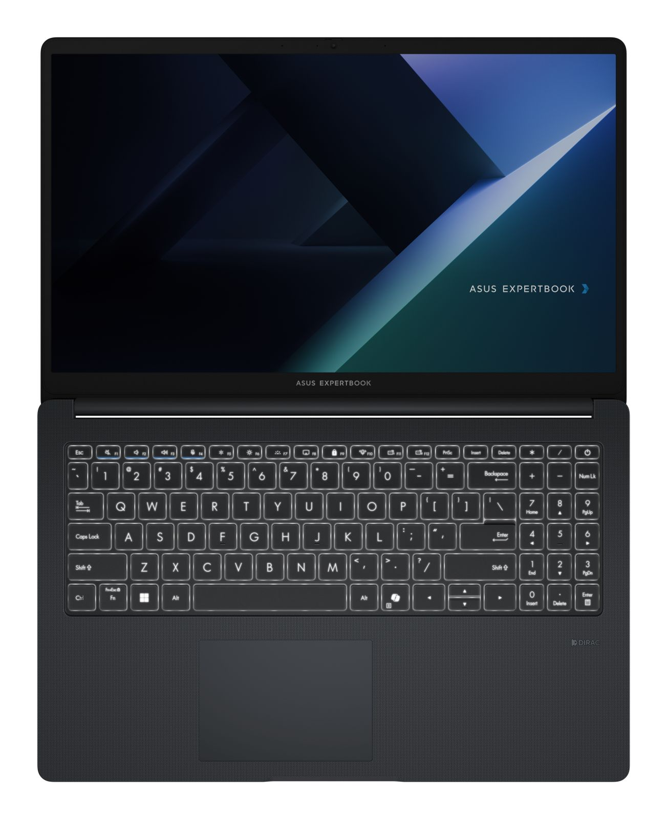 Ein ASUS ExpertBook Laptop von oben, mit Bildschirm, beleuchteter Tastatur und Touchpad vor weißem Hintergrund.