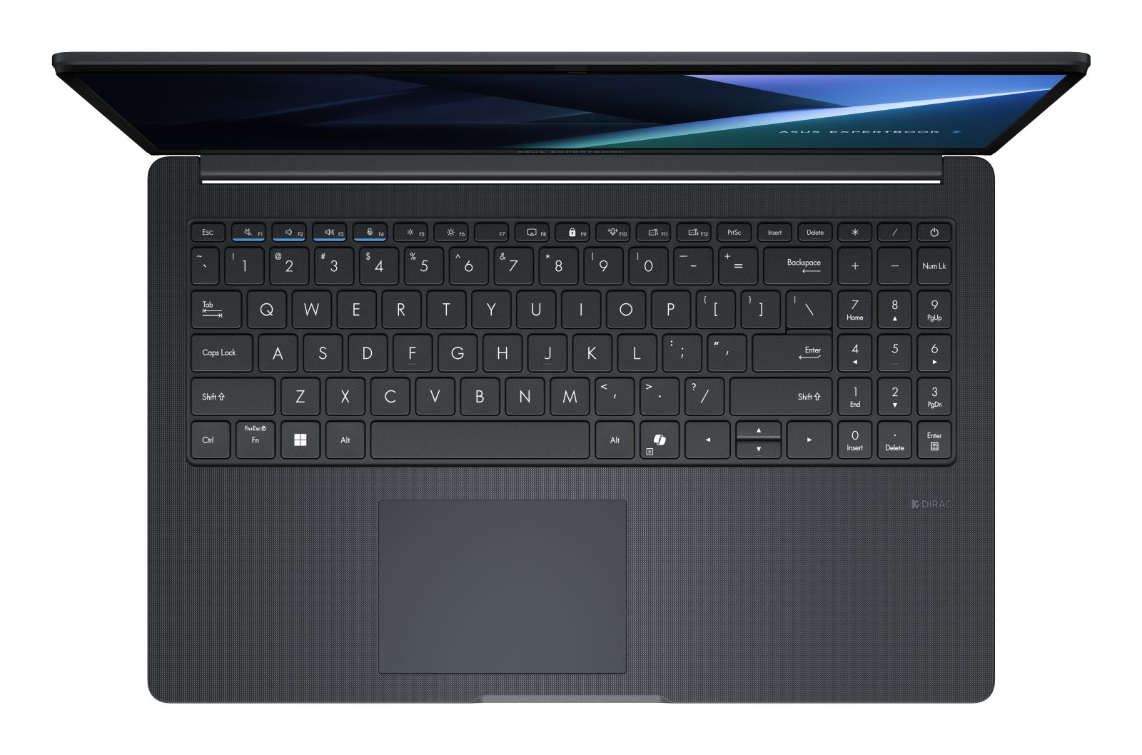 Draufsicht auf einen schwarzen Laptop mit voller QWERTZ-Tastatur und Ziffernblock, geöffneter Bildschirm mit blauem Hintergrundbild.