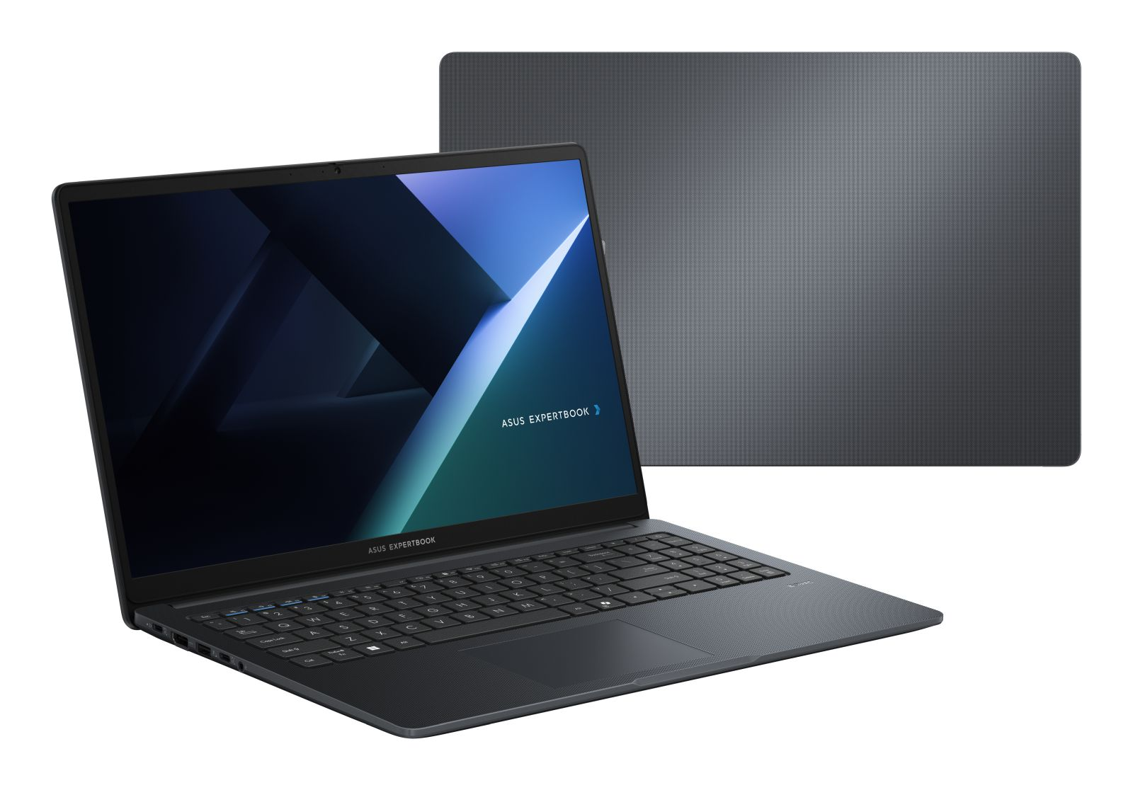 Ein offener, dunkelgrauer ASUS ExpertBook Laptop mit blauem Bildschirm, dahinter die strukturierte Abdeckung.