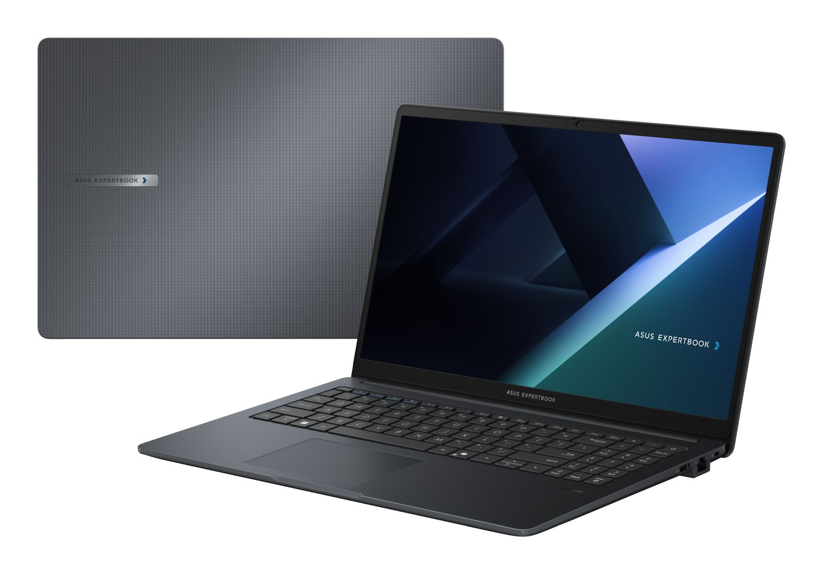 Ein grauer ASUS ExpertBook Laptop, geöffnet mit blauem Bildschirm und geschlossen, auf weißem Hintergrund.