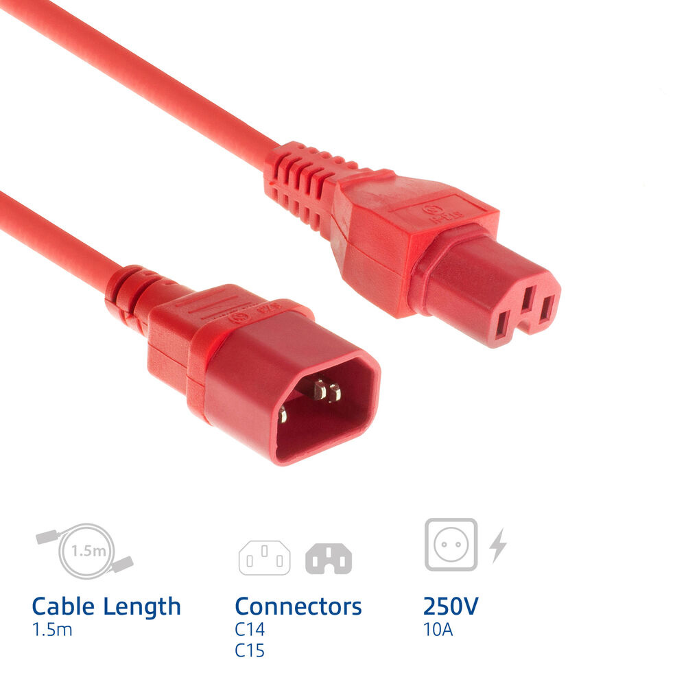 Rotes 1,5m C14 zu C15 Stromkabel mit 250V und 10A auf weißem Hintergrund.
