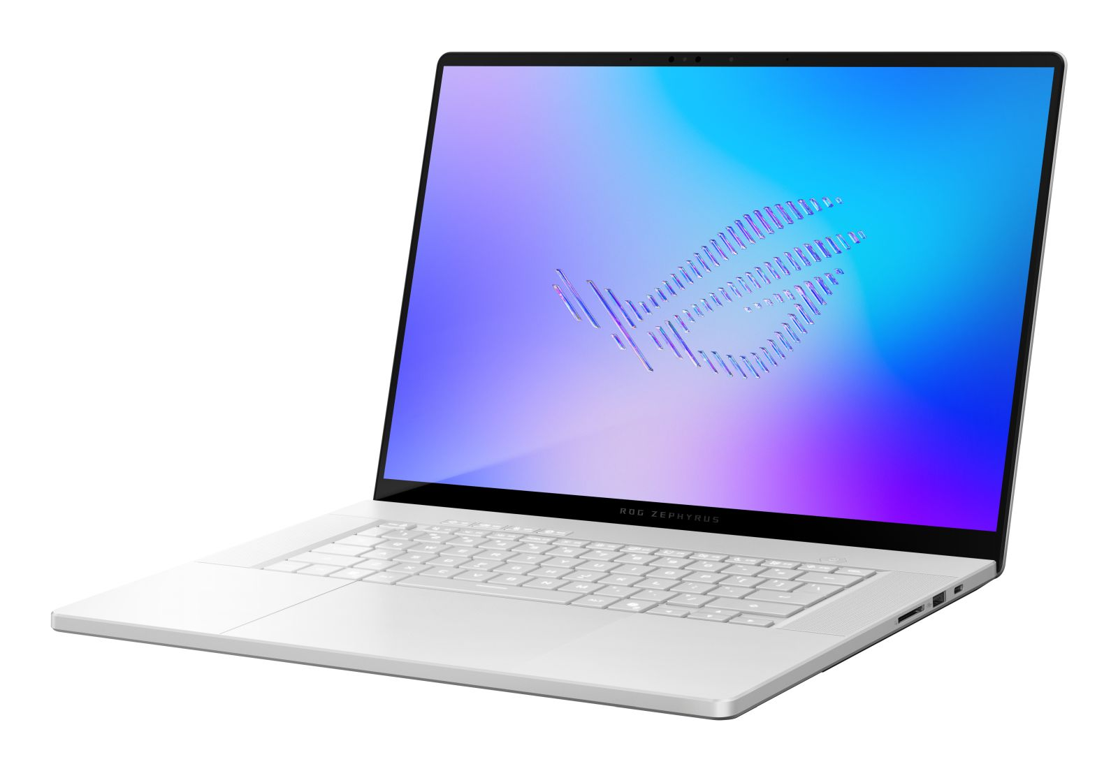 Ein silberner Laptop ist leicht geöffnet und zeigt einen blau-lila Farbverlaufbildschirm mit einem leuchtenden ROG-Logo auf weißem Hintergrund.