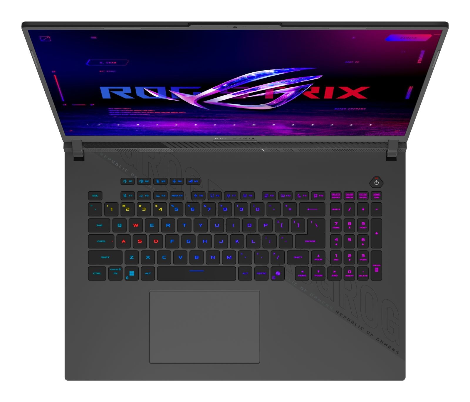 Draufsicht auf ein offenes, dunkelgraues Gaming-Notebook mit farbig beleuchteter Tastatur und ROG Strix-Hintergrund.
