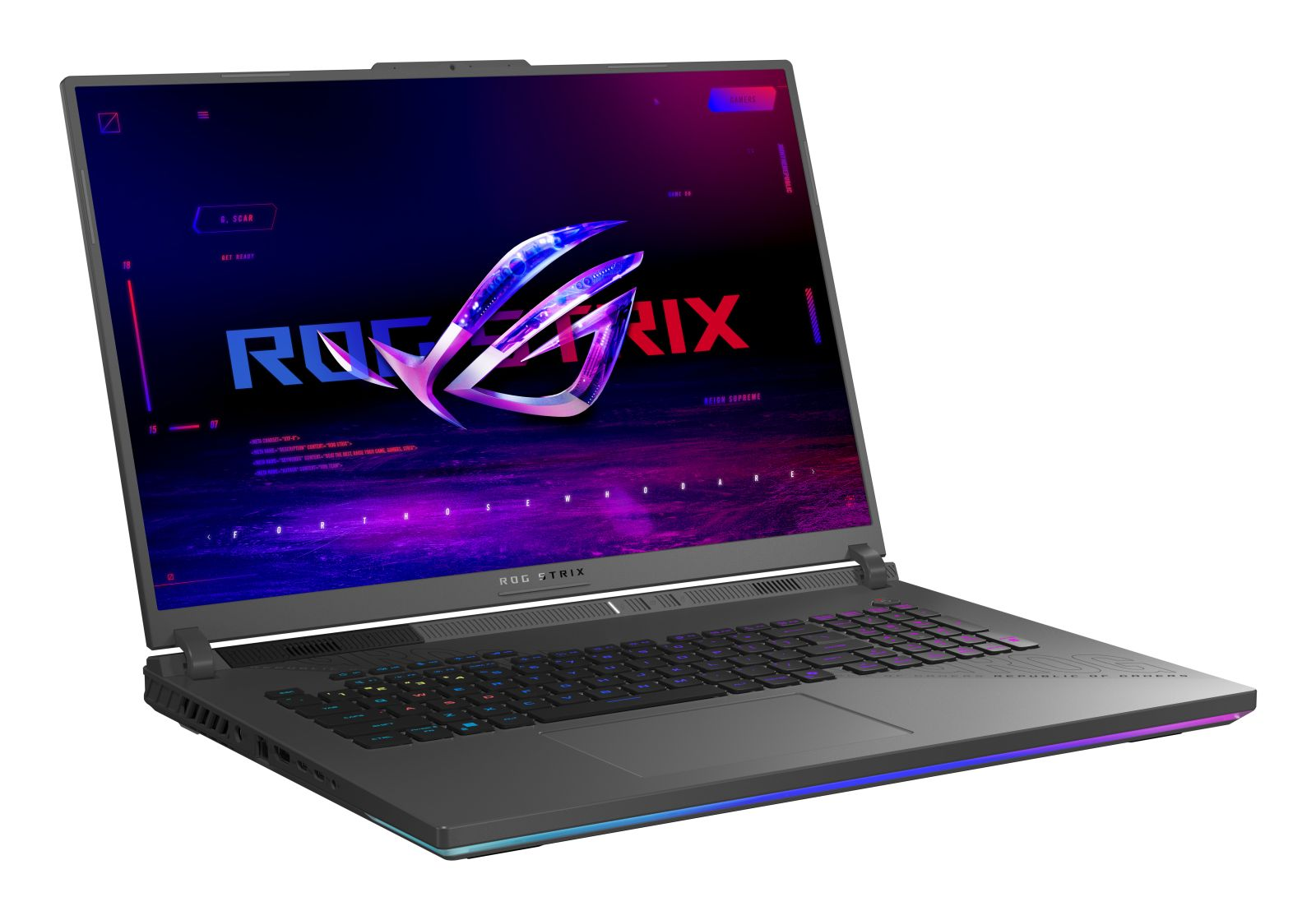 Ein offener, dunkelgrauer Gaming-Laptop vor weißem Hintergrund mit buntem ROG-Logo auf dem Bildschirm und RGB-Tastatur.