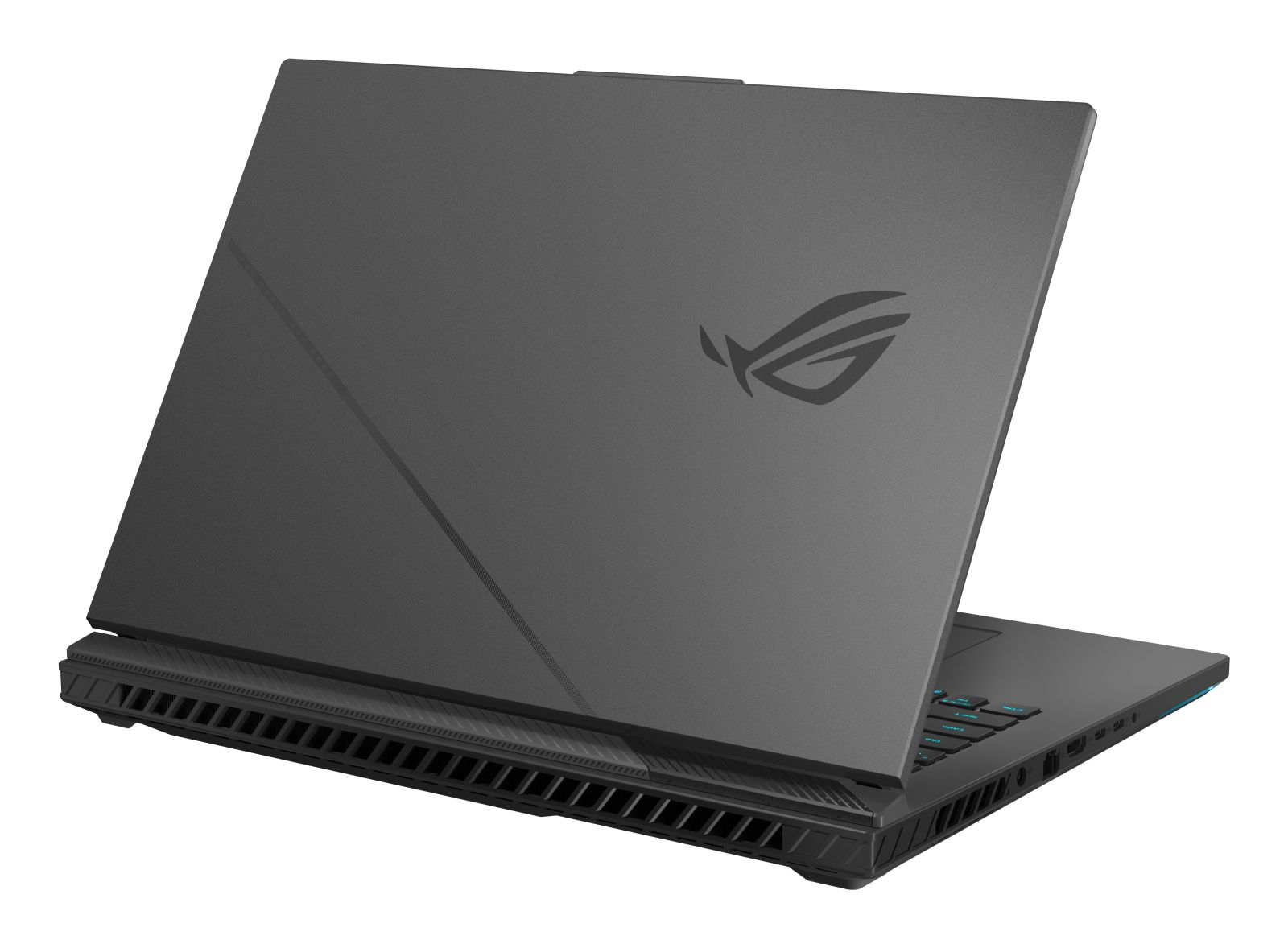 Ein grauer Gaming-Laptop mit geschlossenem Bildschirm zeigt das ROG-Logo auf der Rückseite.