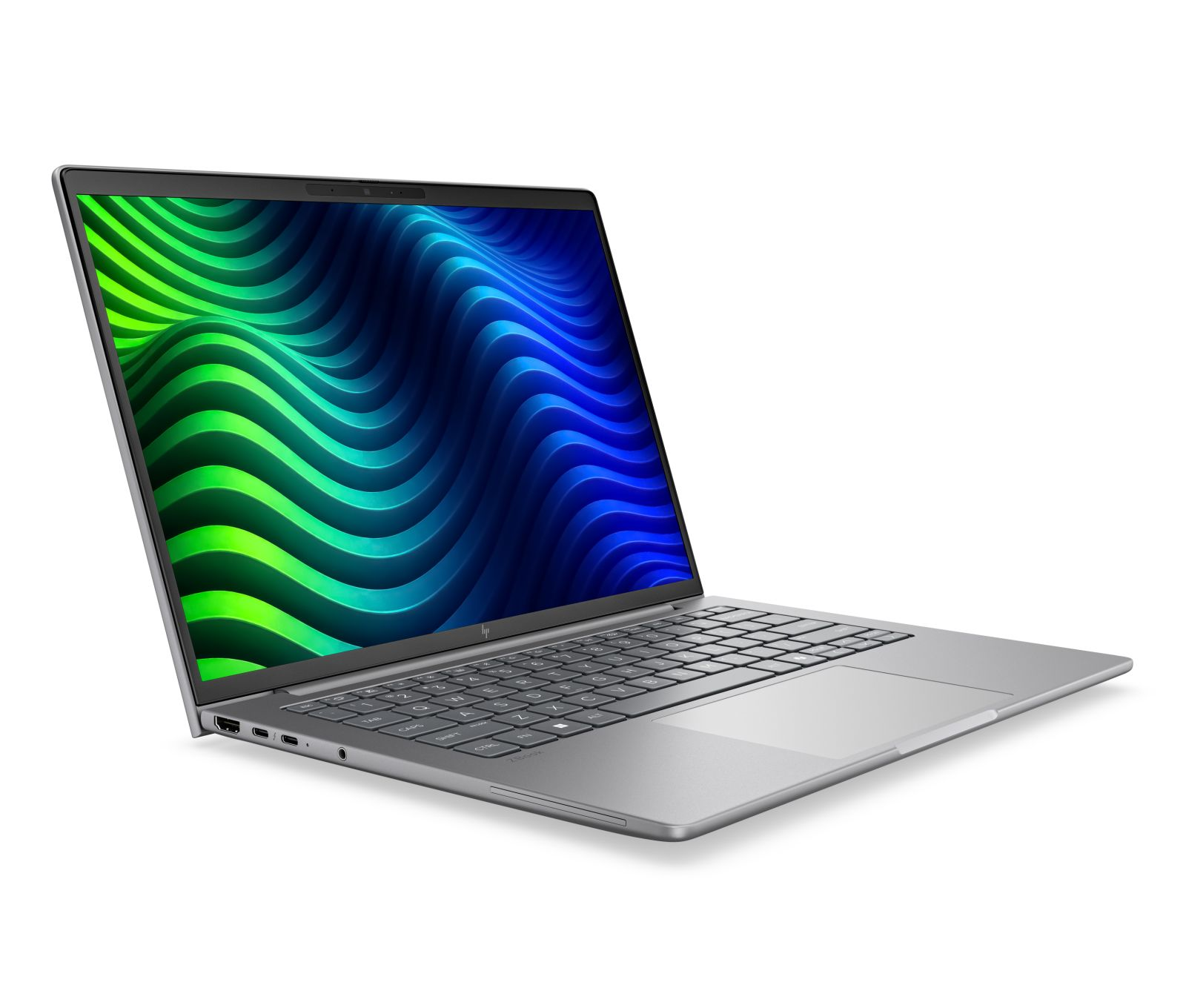 Ein silberner Laptop steht auf einem weißen Hintergrund und zeigt ein farbenfrohes Wellenmuster auf dem Bildschirm.