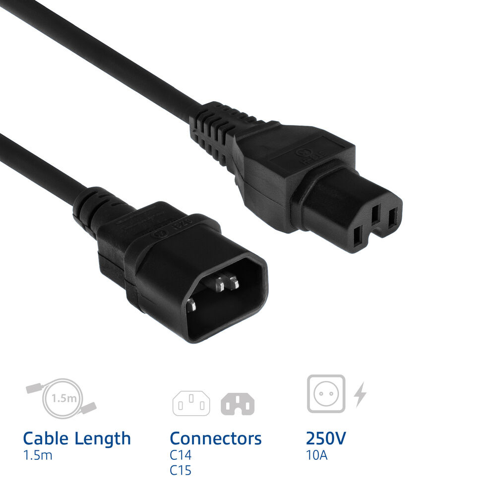 Ein schwarzes C14-auf-C15-Stromkabel mit 1,5 m Länge, 250V und 10A.