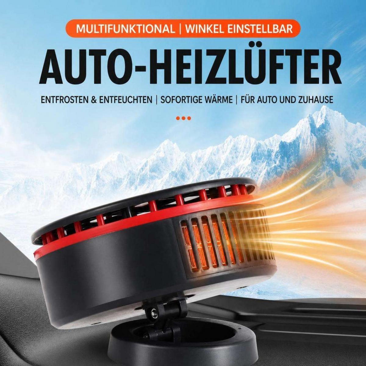 Ein schwarzer Auto-Heizlüfter mit roten Akzenten bläst warme Luft aus, vor einer winterlichen Bergkulisse.