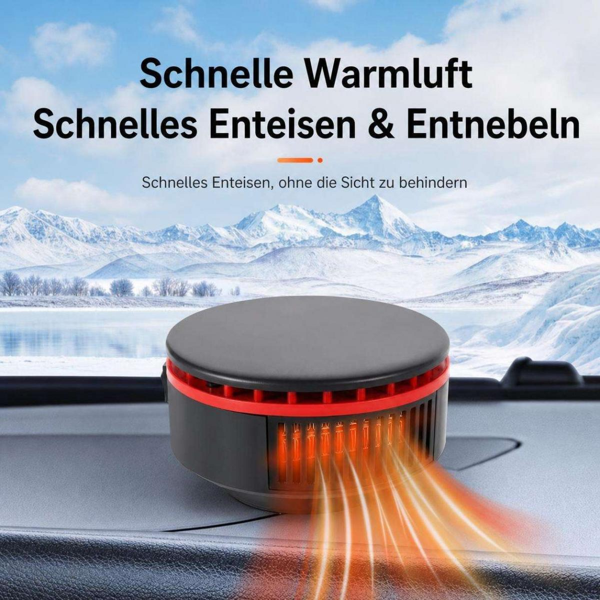 Kompakter Autoheizlüfter auf dem Armaturenbrett mit orangefarbenen Wärmeströmen vor verschneiter Bergkulisse.