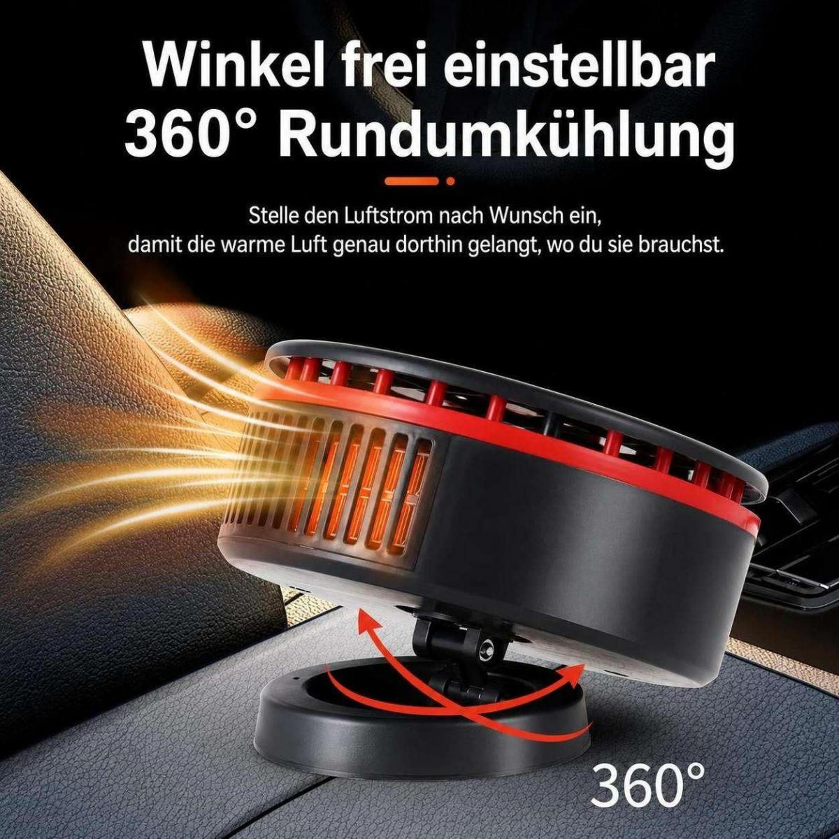 Schwarzer und roter Autoheizungslüfter auf dem Armaturenbrett mit 360-Grad-Drehung und warmer Luft.