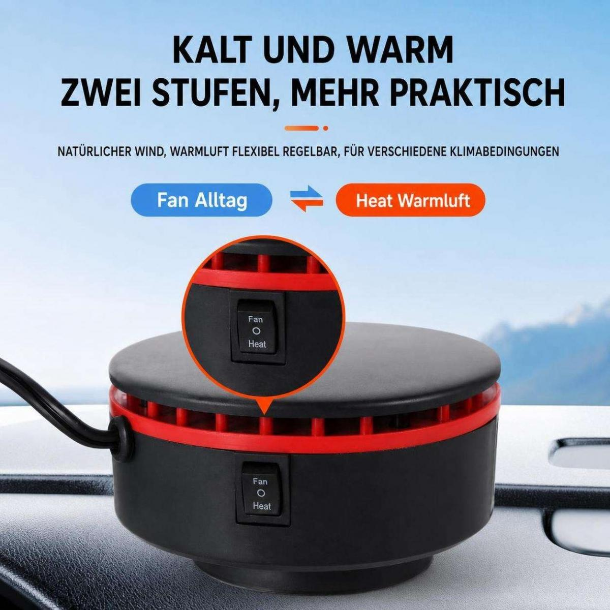 Ein tragbarer Autoheiz- und Kühlventilator mit Schalter auf dem Armaturenbrett.