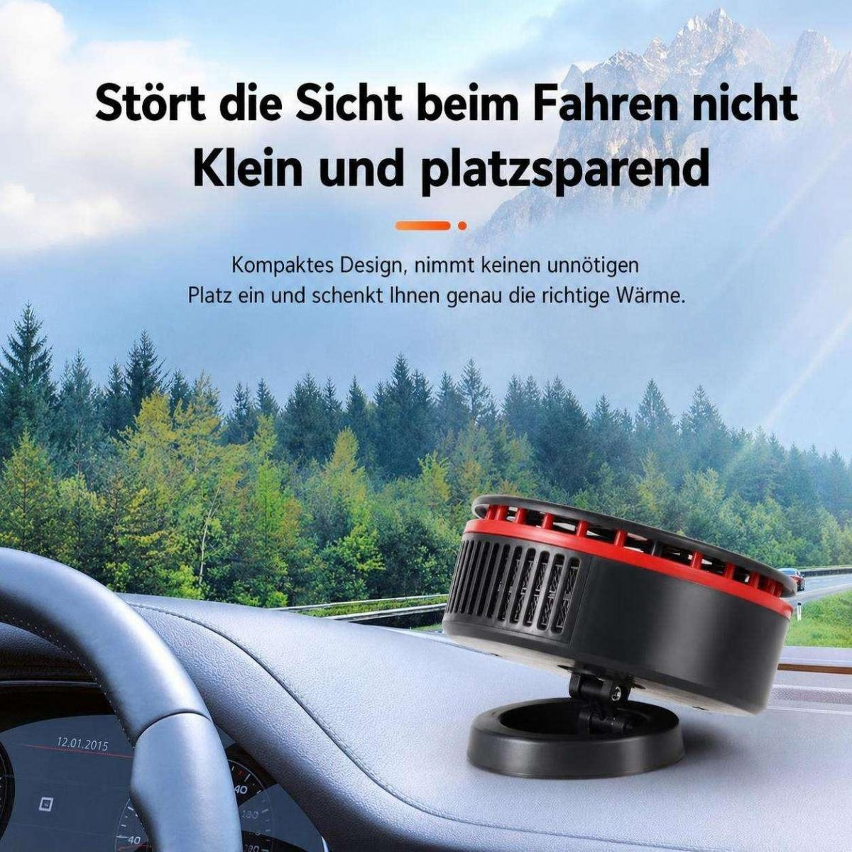 Kompakter schwarzer und roter Auto-Heizlüfter auf dem Armaturenbrett vor einer Berglandschaft.