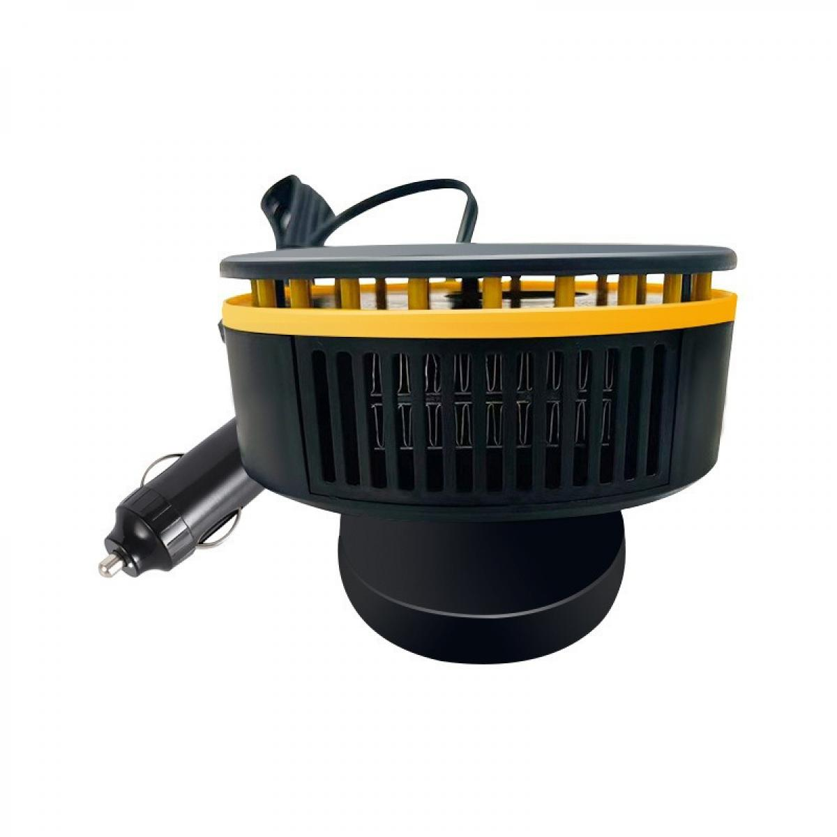 Ein schwarzer und gelber Autoventilator mit Lüftungsschlitzen und Steckdosenadapter.