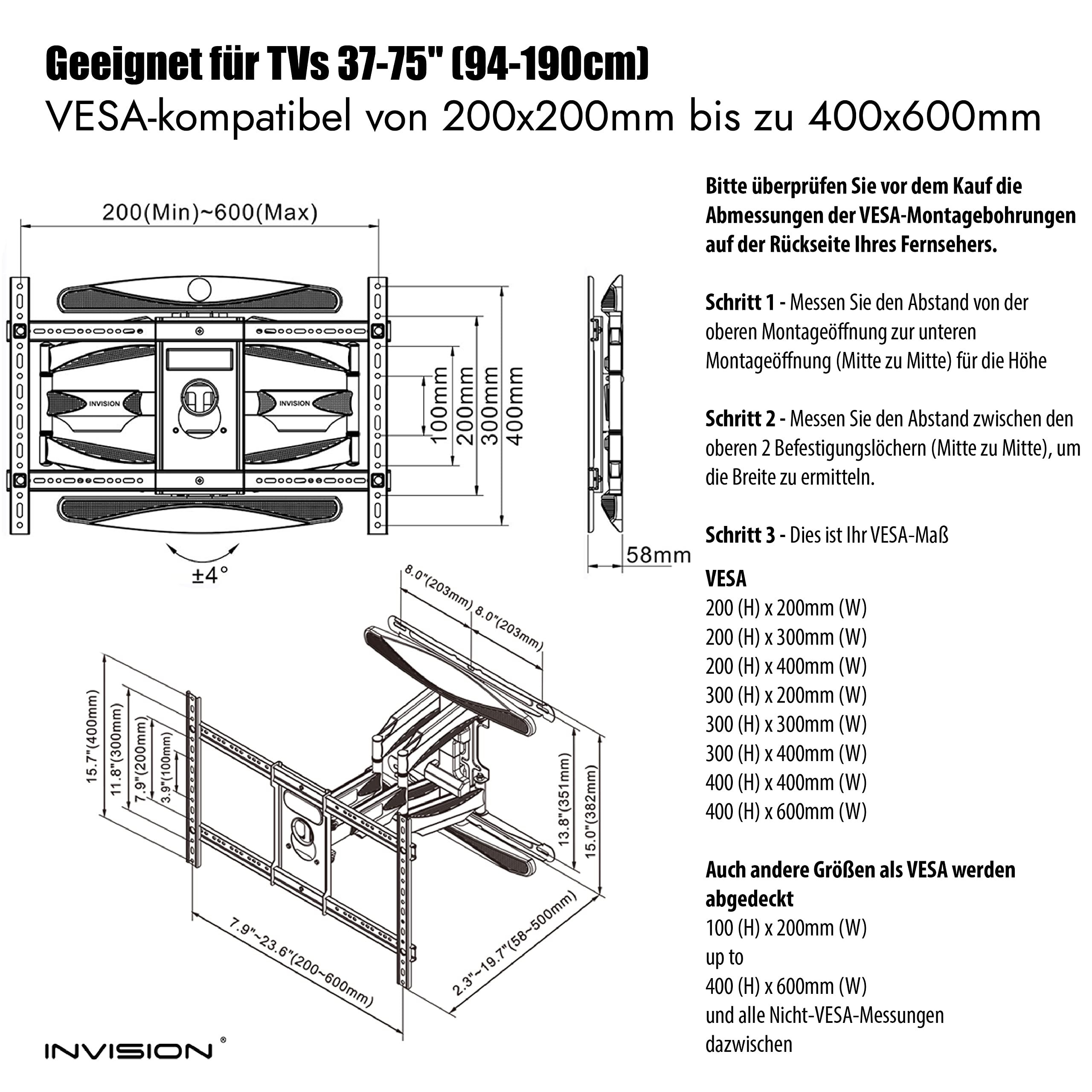 Disegno tecnico di un supporto TV a parete con dimensioni VESA e passaggi di installazione.