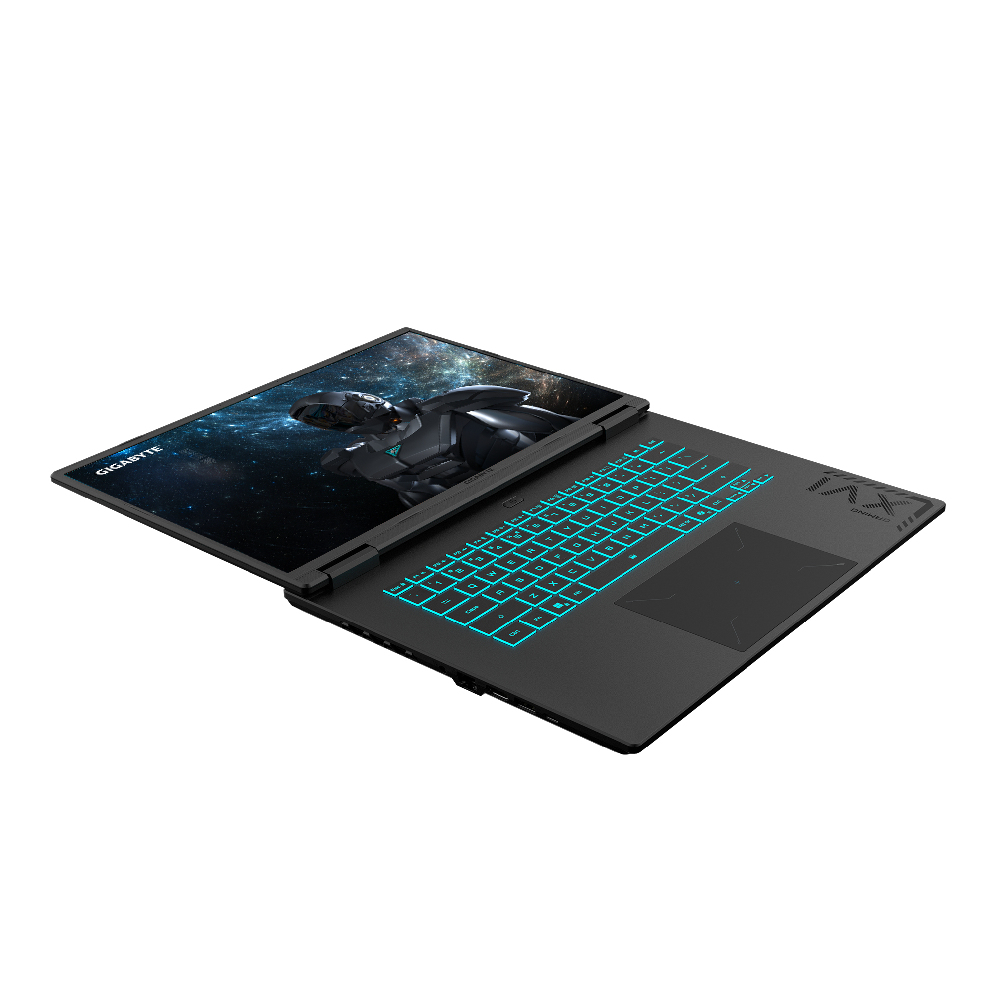 Ein offener schwarzer Gigabyte Gaming Laptop mit hellblauer Tastaturbeleuchtung und einem Weltraumbild auf dem Bildschirm.