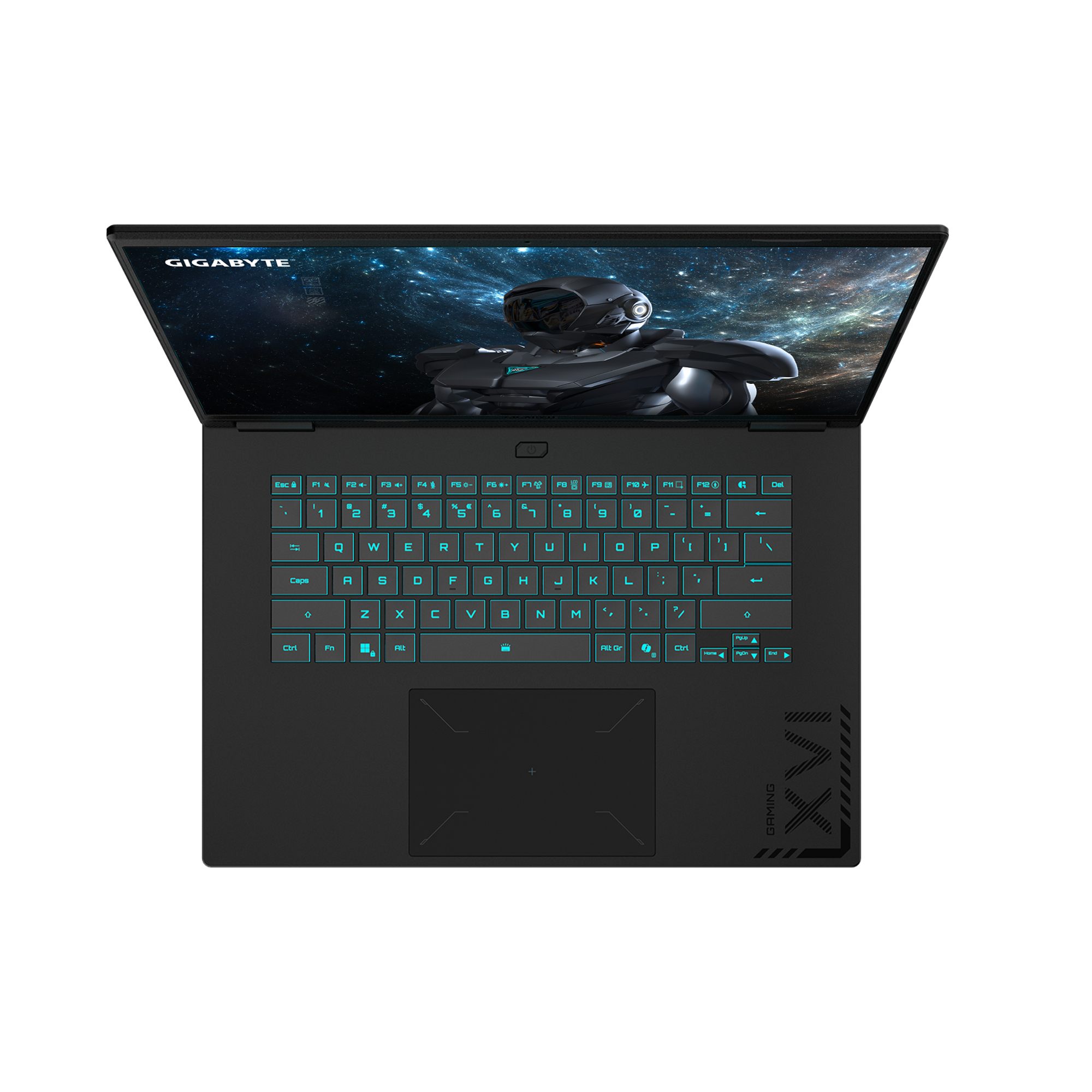 Draufsicht auf einen schwarzen Gigabyte Gaming-Laptop mit Weltraum-Hintergrundbild und beleuchteter Tastatur.